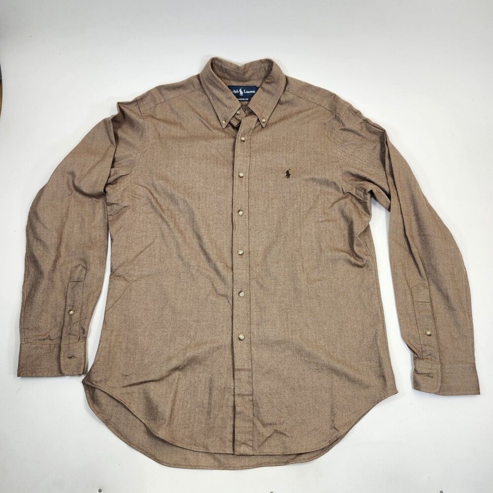 Ralph Lauren Mens L Classic Fit Brown Herringbone Pony Button Down Shirt Up VTG